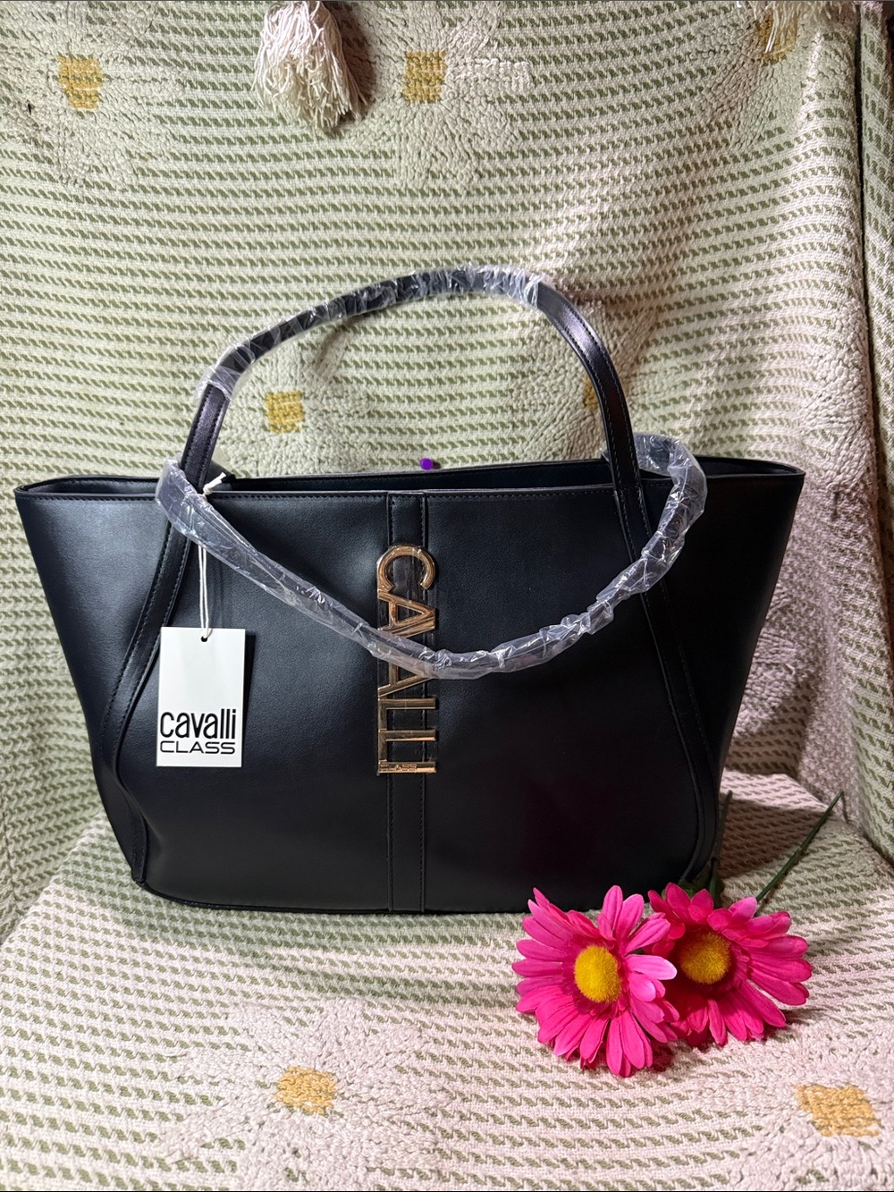Cavalli Class Black Leather Tote with Gold Logo Accent
